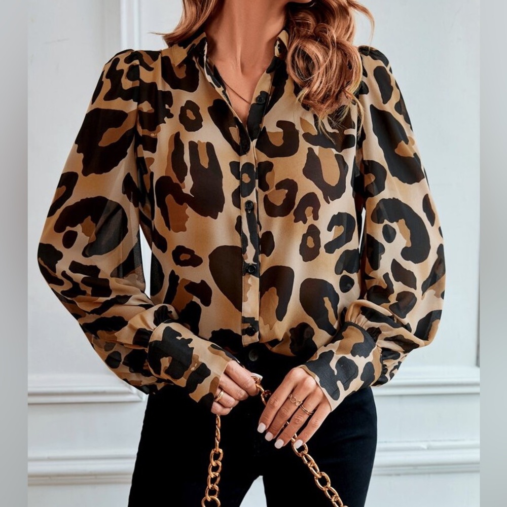 Leopard Print Sheer Button Down Shirt Top Blouse - Picture 5 of 6